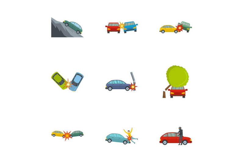 car-accident-icons-set-cartoon-style