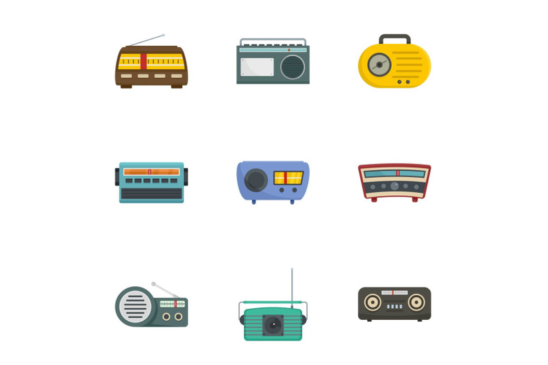 radio-station-icons-set-cartoon-style