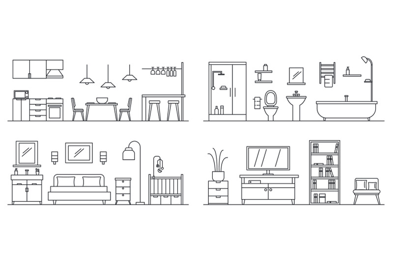 house-interior-banner-set-outline-style