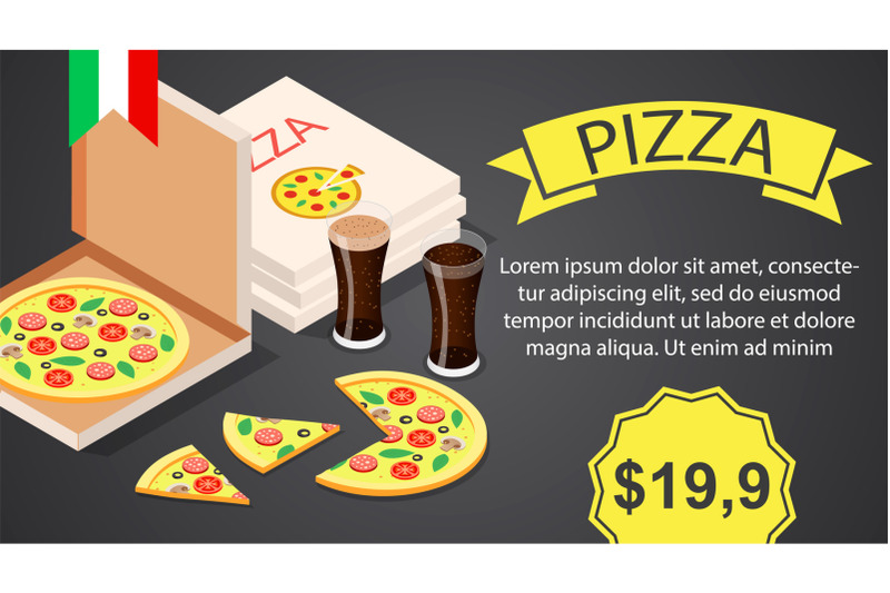 pizza-with-cola-banner-horizontal-isometric-style