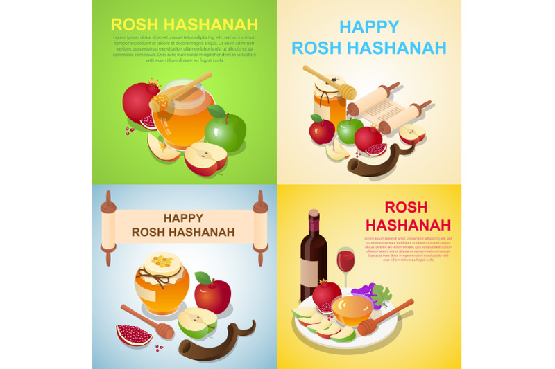 rosh-hashanah-banner-concept-set-isometric-style