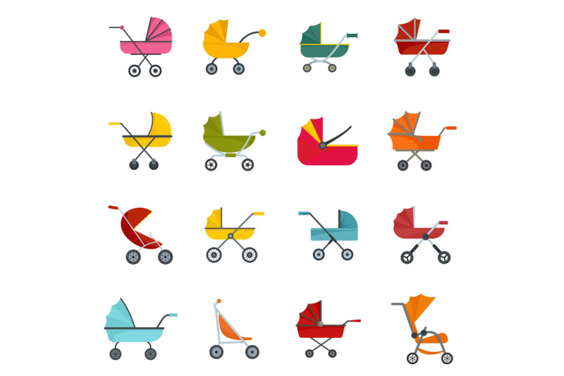 pram-stroller-carriage-icons-set-flat-style