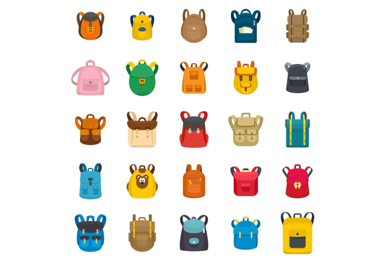 backpack-school-travel-sport-icons-set-flat-style