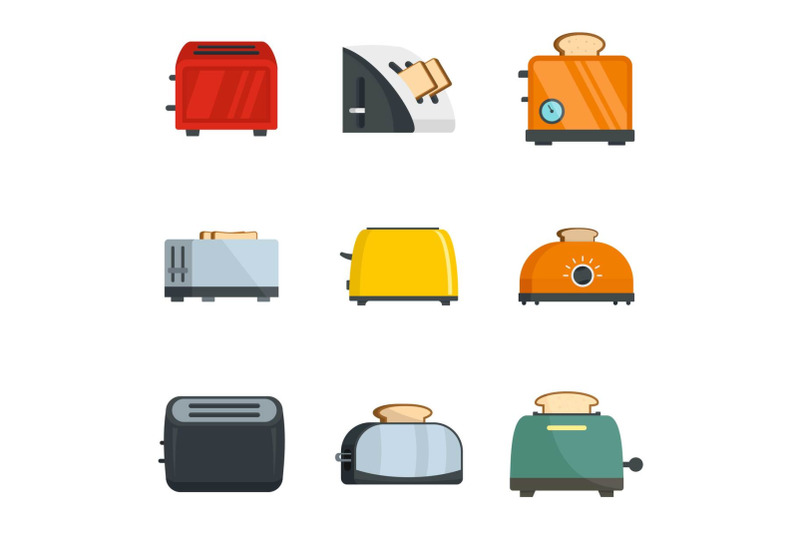 toaster-kitchen-bread-oven-icons-set-flat-style