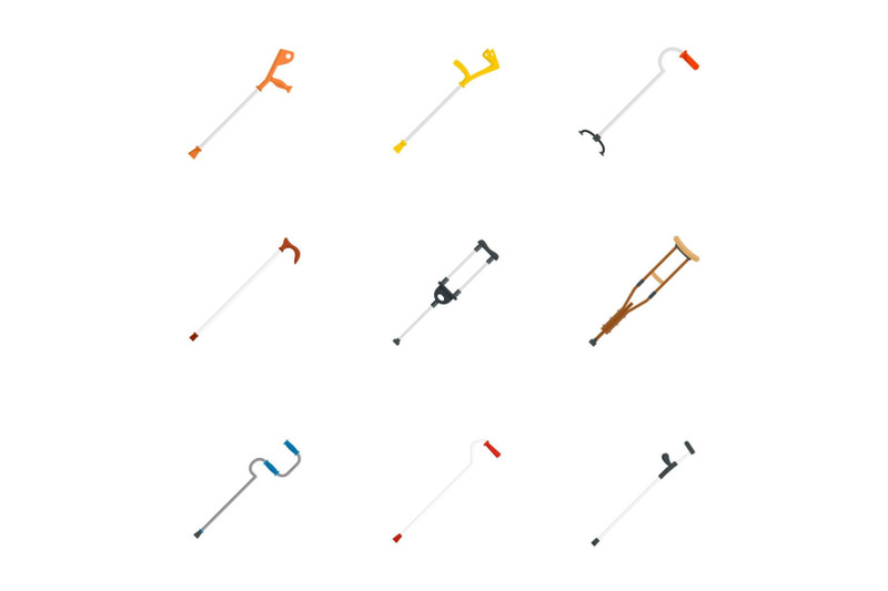 crutches-injury-support-care-icons-set-flat-style