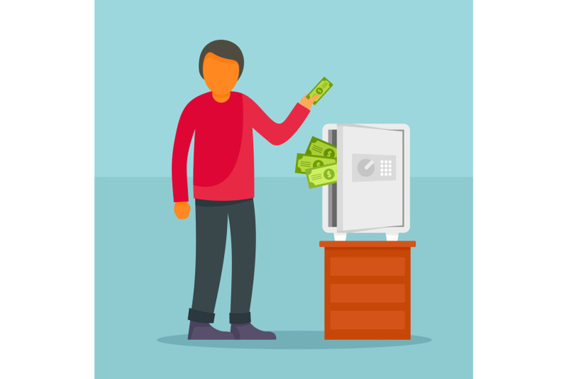 man-take-money-from-safe-concept-background-flat-style