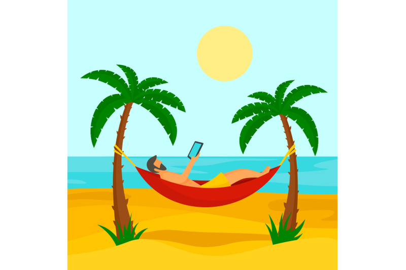 man-at-beach-hammock-concept-background-flat-style