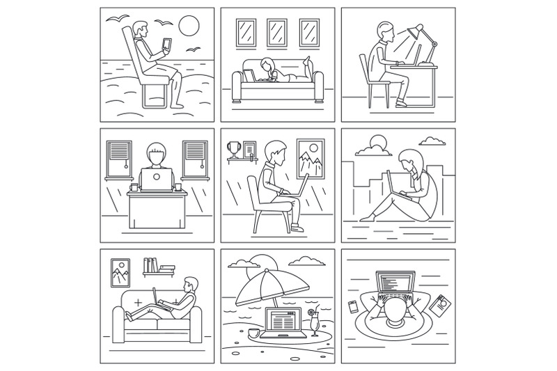 computer-distant-work-banner-set-outline-style