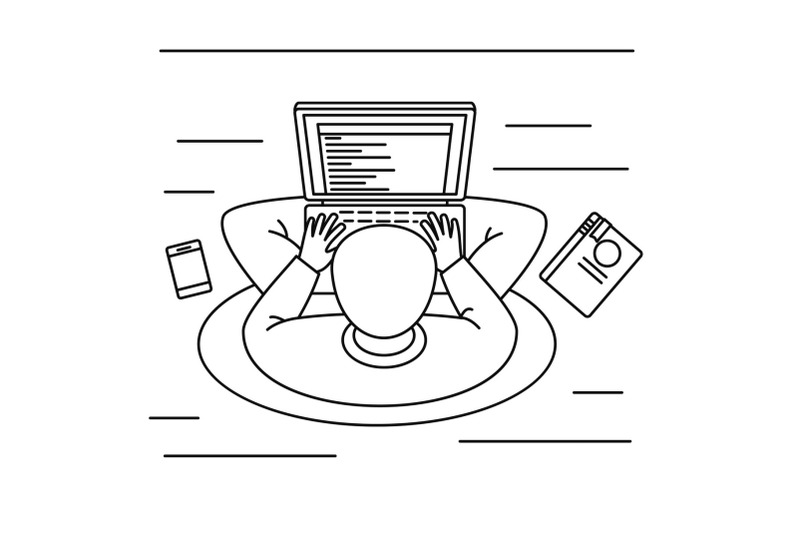 young-man-distant-work-concept-background-outline-style