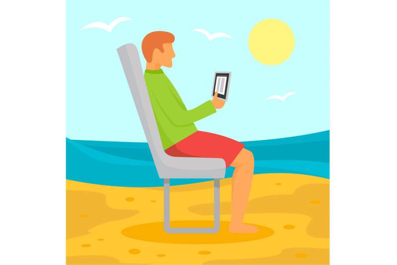 man-distant-beach-work-concept-background-flat-style