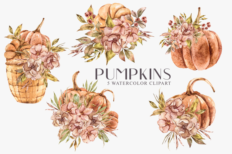 watercolor-pumpkin-bouquet-clipart-thanksgiving-floral-set