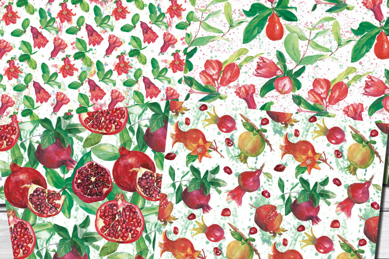 pomegranate-watercolor-seamless-patterns