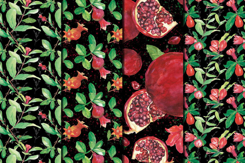 pomegranate-on-black-watercolor-seamless-patterns