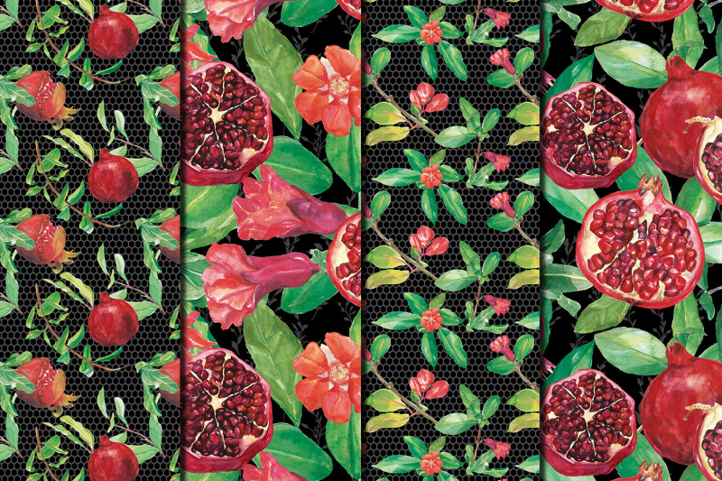 pomegranate-on-black-watercolor-seamless-patterns