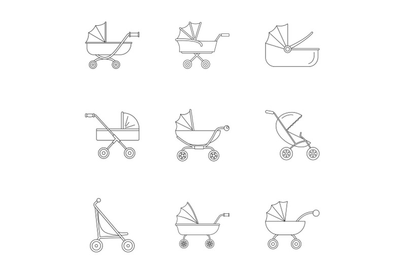 baby-carriage-icon-set-outline-style