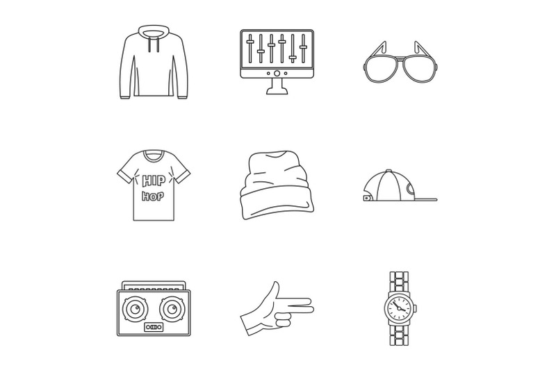 hip-hop-icon-set-outline-style