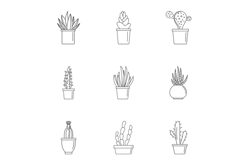 home-cactus-pot-icon-set-outline-style