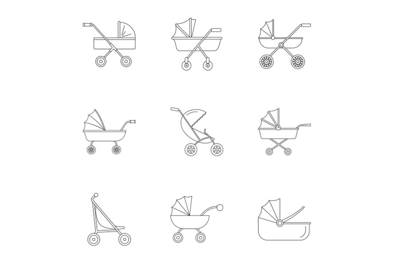 baby-pram-icon-set-outline-style