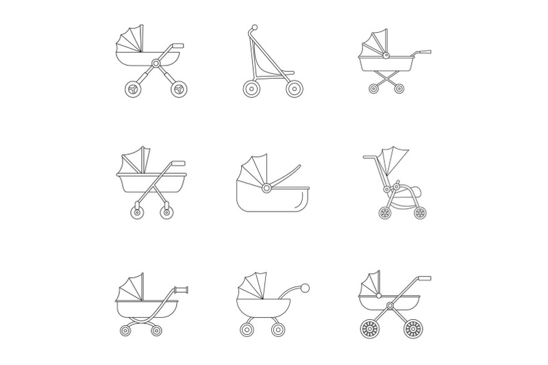 pram-stroller-icon-set-outline-style