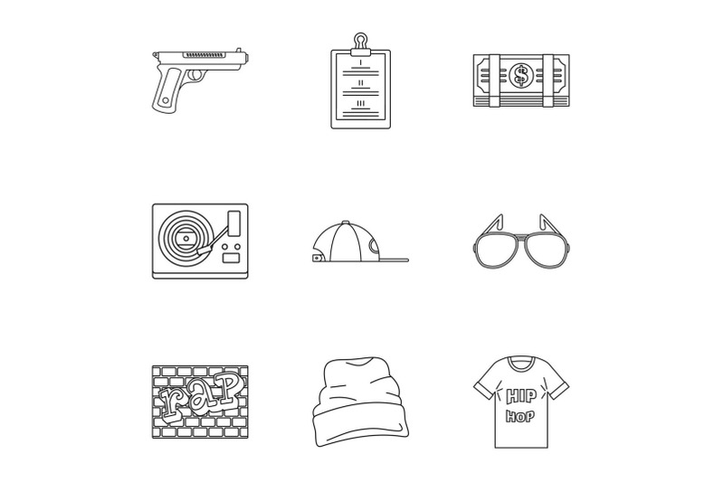 street-rap-icon-set-outline-style