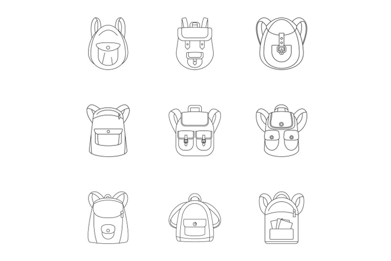 camping-backpack-icon-set-outline-style