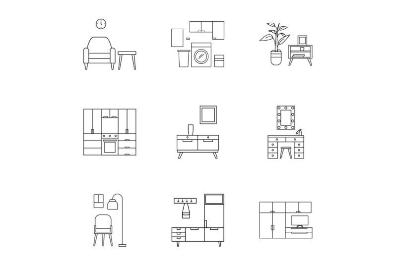 home-furniture-icon-set-outline-style