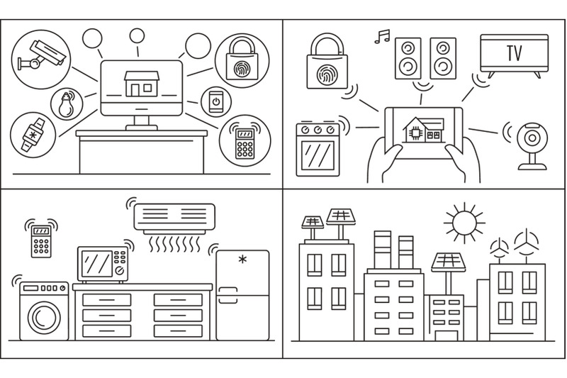intelligent-house-building-banner-set-outline-style