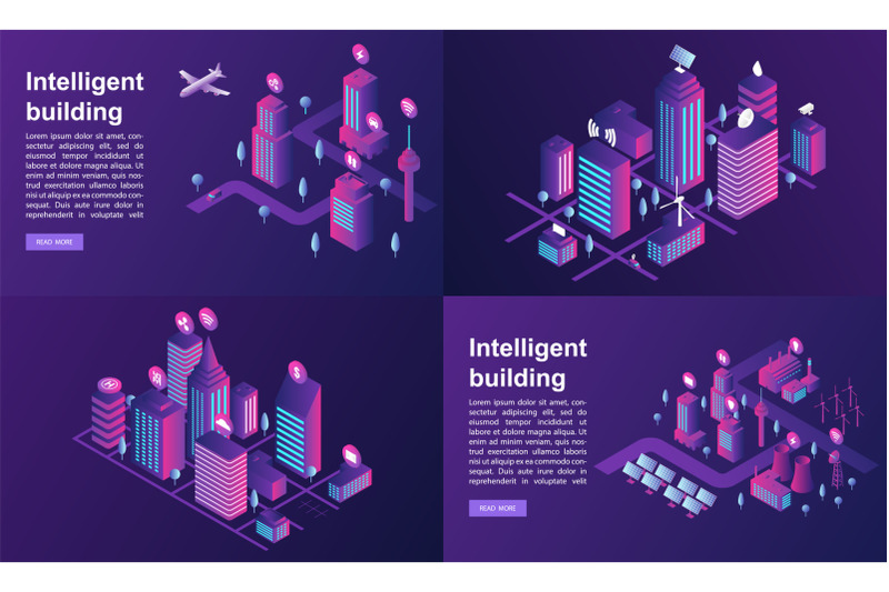 intelligent-building-banner-set-isometric-style