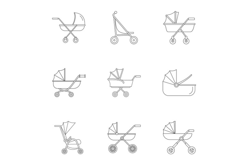 baby-stroller-icon-set-outline-style