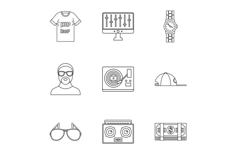 gangsta-rap-icon-set-outline-style