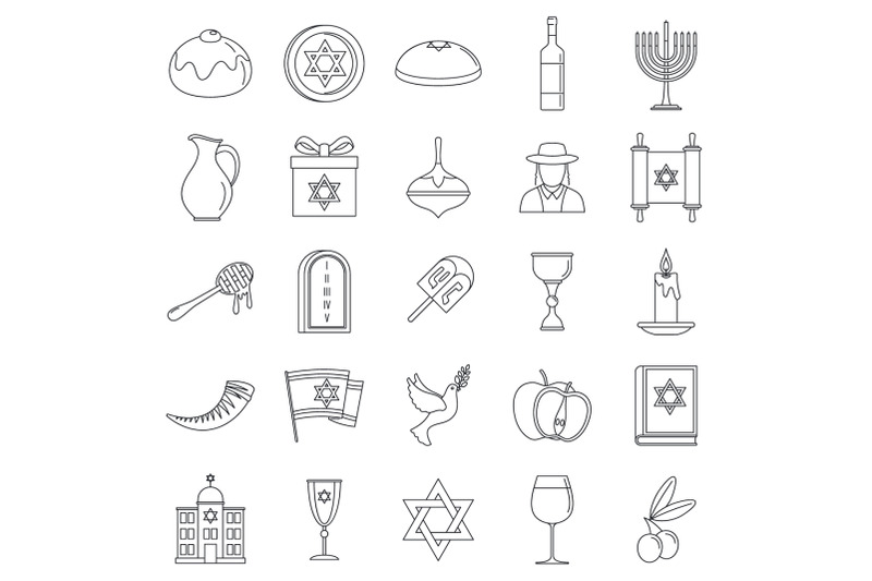 hanukkah-holiday-icon-set-outline-style