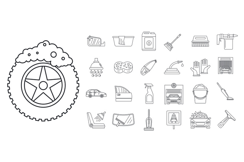 car-wash-garage-icon-set-outline-style