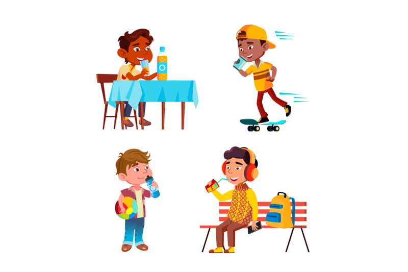 boys-kids-drinking-delicious-drink-set-vector