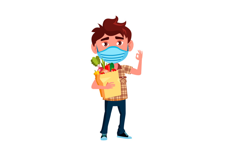 boy-kid-with-facial-mask-holding-food-bag-vector