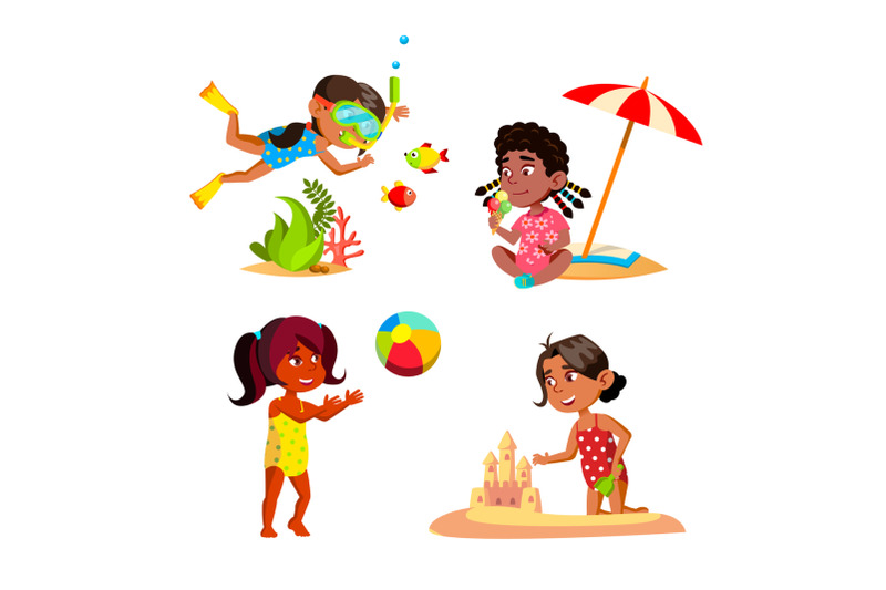 kids-girl-relaxing-on-seashore-beach-set-vector