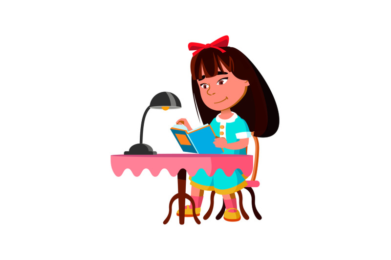 girl-sitting-at-table-and-reading-book-vector