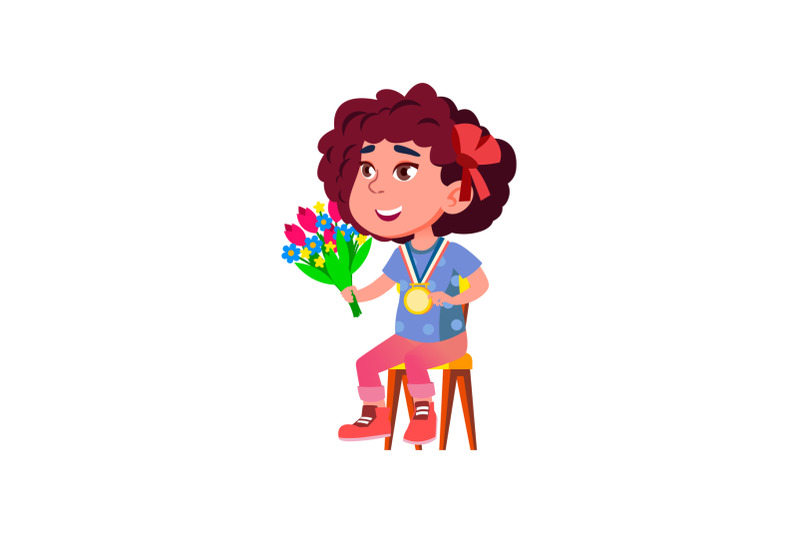 girl-kid-winner-with-medal-and-flowers-vector