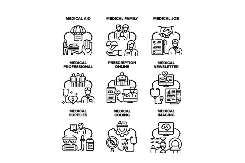 medical-aid-job-set-icons-vector-illustrations