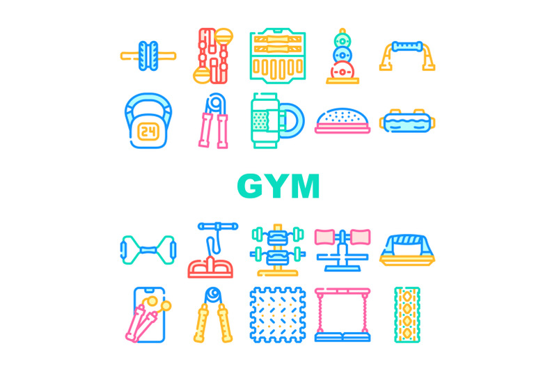 home-gym-equipment-collection-icons-set-vector