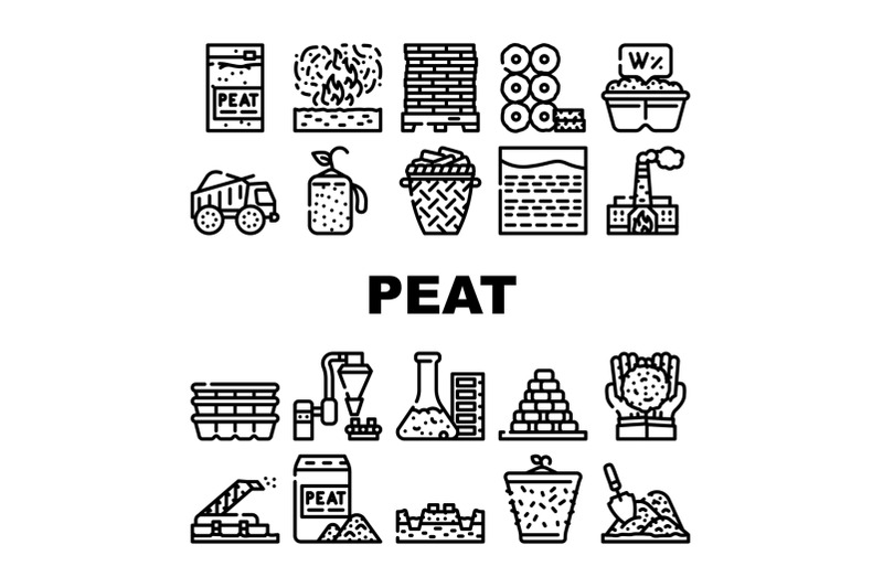 peat-fuel-production-collection-icons-set-vector