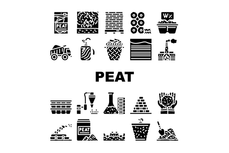 peat-fuel-production-collection-icons-set-vector