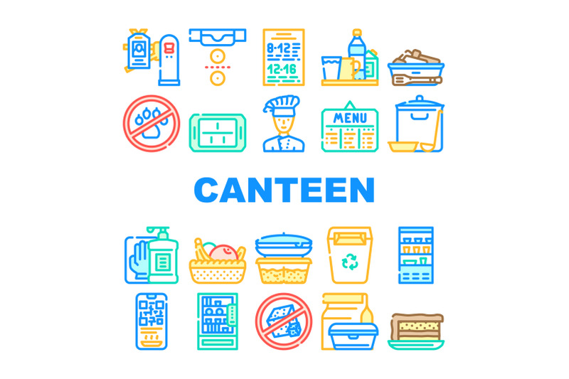 school-canteen-menu-collection-icons-set-vector