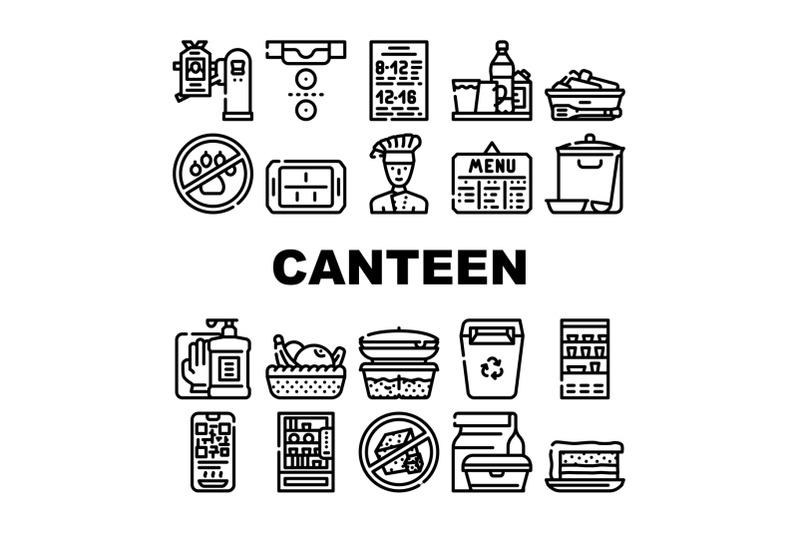 school-canteen-menu-collection-icons-set-vector