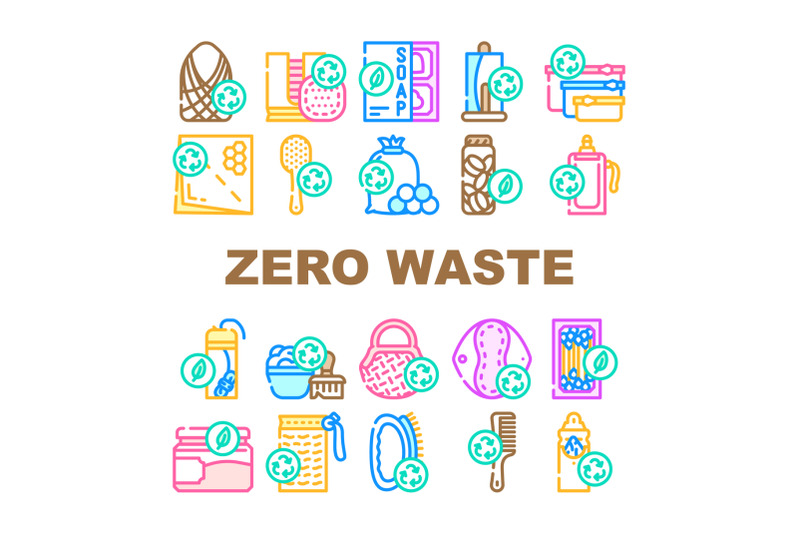 zero-waste-products-collection-icons-set-vector