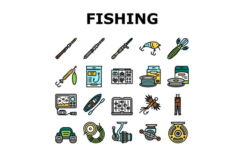 fishing-shop-products-collection-icons-set-vector