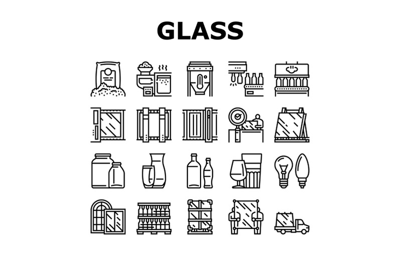 glass-production-plant-collection-icons-set-vector