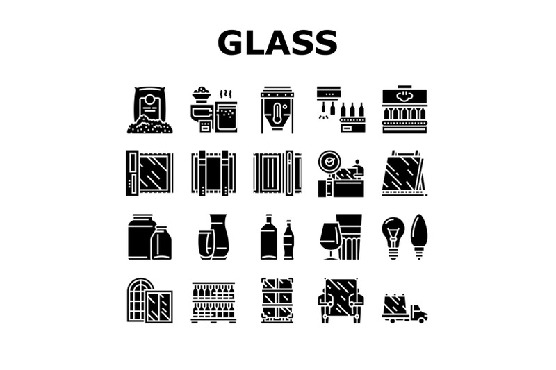 glass-production-plant-collection-icons-set-vector