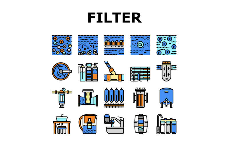 water-filter-equipment-collection-icons-set-vector