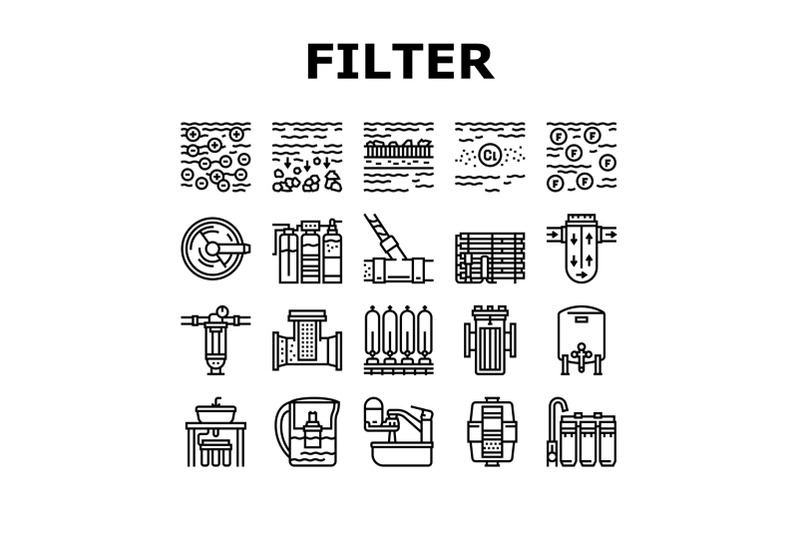 water-filter-equipment-collection-icons-set-vector