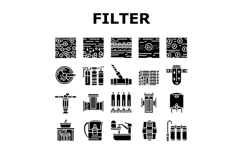 water-filter-equipment-collection-icons-set-vector